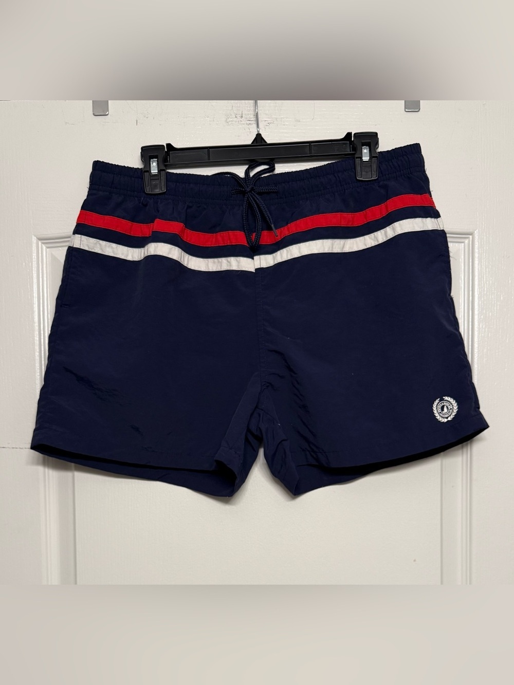 Aqua Mare Men’s Navy Swim Trunks XL Red White Stripe Mesh Lined Shorts